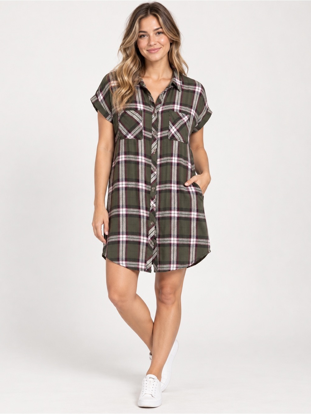 mine Olive Green Plaid Button-Front Shirt Dress